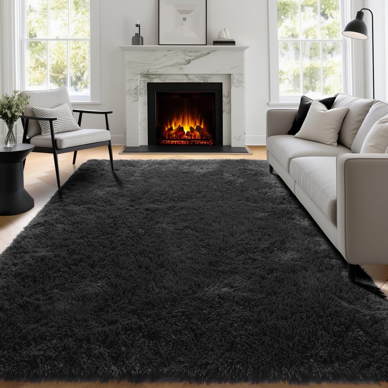 PAGISOFE Black Fluffy Shag Area Rugs for Bedroom 5x7, Soft Fuzzy Shaggy Machine Washable Rugs for Living Room,Plush Nursery Rug Kids Room Furry Floor Rug Boys Carpet for Teen Dorm Black Room Decor - Image 1
